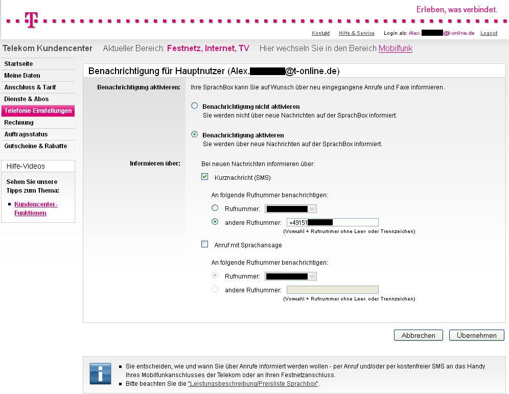 Telekom Kundencenter SprachBox Benachrichtigungen