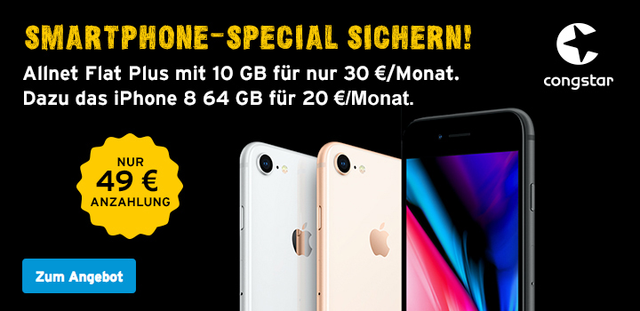 congstar Smartphone Special: Allnet Flat Plus mit 10 GB + iPhone 8 64 GB