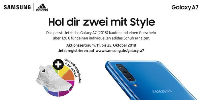 Jetzt Galaxy A7 (2018) bestellen und einen Gutschein ber 120   fr einen individuellen adidas Schuh erhalten<br />
