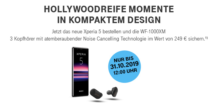 Jetzt Sony Xperia 5 bestellen und WF-1000XM3 Kopfhrer gratis dazu erhalten.