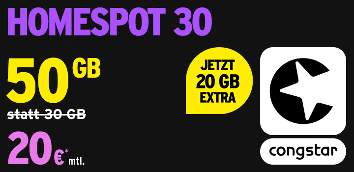 congstar Aktion: Homespot 30 mit 20 GB Extra-Daten