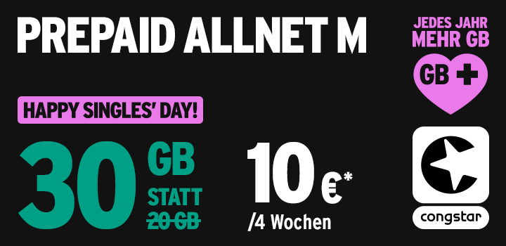 congstar Single Days Aktion: Prepaid M mit 30 GB fr 10  im Monat