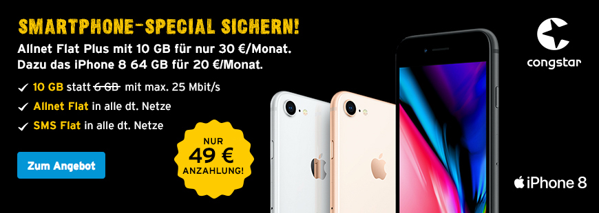 congstar Smartphone Special: Allnet Flat Plus mit 10 GB + iPhone 8 64 GB