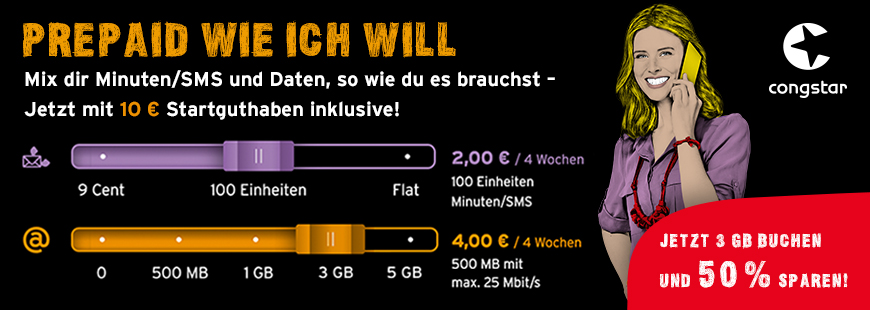 congstar - Prepaid wie ich will - 50 % sparen