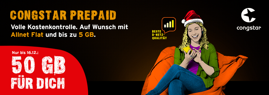 congstar Prepaid Aktion  nur bis 16.12.2019: 50 GB einmalig sichern